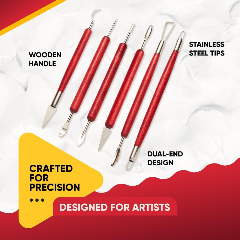 Wood Chisel Set - ชุดเครื่องมือปั้นดินเผา 6 ชิ้น ด้ามจับไม้ สำหรับแกะสลักขึ้นรูป ปรับผิวเรียบ